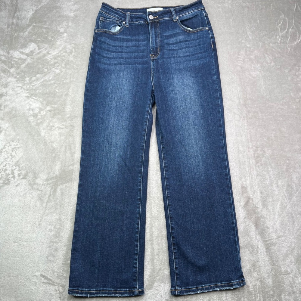 Risen Wide Leg Jeans Womens 15/32 Dark Wash Stretch High Rise Raw Hem Distressed
